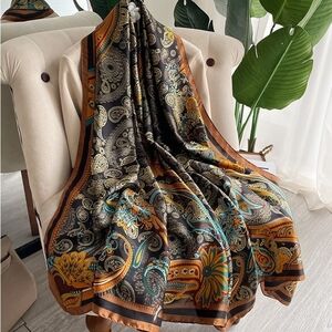 Miss Ellie Long Paisley Silky Scarf with Orange and Blue Accents